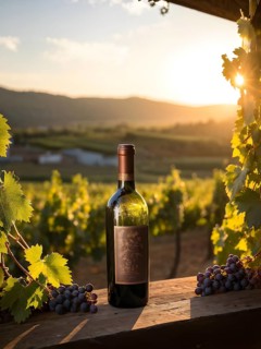 Aged bottle of wine glowing under the low sun with a vineyard in the background, AI generated