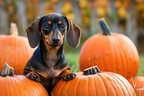 Cute Dachshund dog between large orange pumpkins. Generative Ai, AI generated