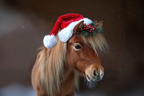 Cute small pony with red Santa Christmas hat. Generative Ai, AI generated