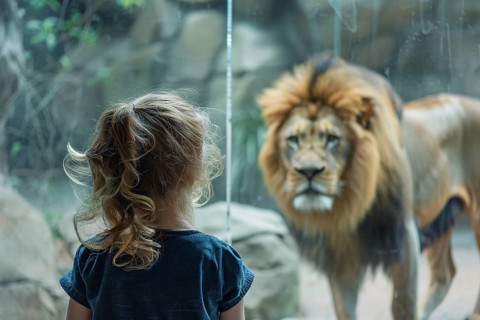 Back view of young girl child watching lion in zoo behind glass. Generative AI, AI generated