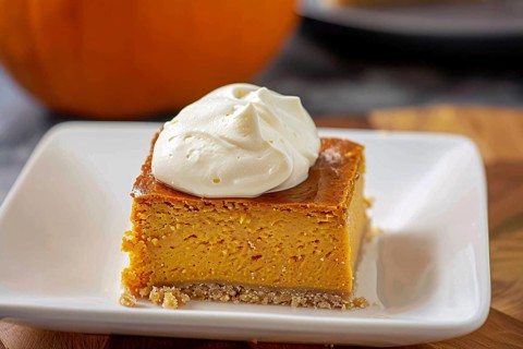 Traybaked pumpkin pie slice with cream on plate. Generative Ai, AI generated
