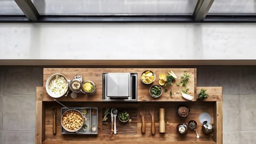 Wooden kitchen with top counter and other modern interior elements, AI generated