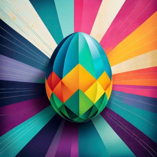 Abstract Easter egg design with geometric patterns, bold colors, and a mix of textures, creating a