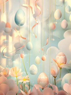 Surreal Easter scene with floating eggs, ribbons, and flowers in a dreamlike, whimsical composition
