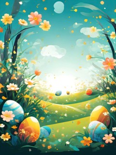 Surreal Easter scene with floating eggs, ribbons, and flowers in a dreamlike, whimsical composition