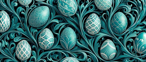 A whimsical abstract pattern with intertwined ribbons, eggs, and floral motifs, with a mix of sharp