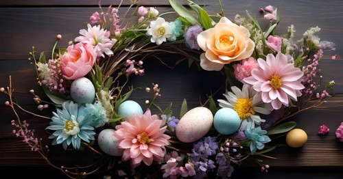 Spring wreath with pastel ribbons, speckled eggs, and blooming flowers, hanging on a wooden