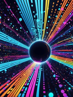 Abstract data stream flowing like liquid light, with sharp lines of code and binary numbers