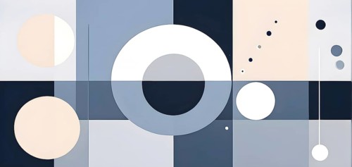 Minimalist composition of overlapping geometric shapes, such as circles, squares, and triangles,