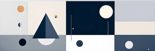 Minimalist composition of overlapping geometric shapes, such as circles, squares, and triangles,