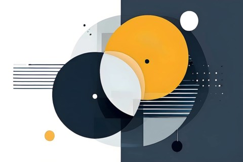 Minimalist composition of overlapping geometric shapes, such as circles, squares, and triangles,
