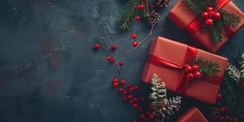 Top view of Christmas gift boxes wrapped in red paper with berries and fir branches on green