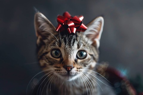 Portrait of cat with red Christmas gift wrapping ribbon on head. Generative Ai, AI generated