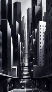 Modern city skyline using clean lines and geometric forms, with rectangular buildings and smooth,