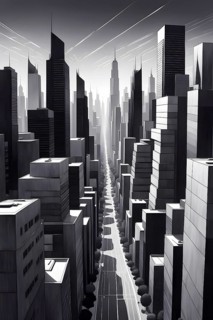 Modern city skyline using clean lines and geometric forms, with rectangular buildings and smooth,