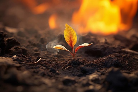 Small burning plant seedling with fire in background. Wildfire concept. KI generiert, generiert AI