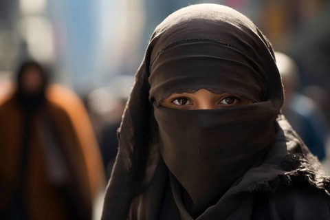 Muslim woman covering her face with burka in city. KI generiert, generiert AI generated