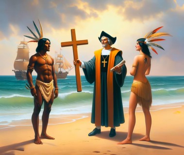 A Catholic priest, a missionary, proselytises indigenous Native Americans with the cross, AI