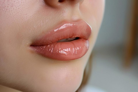 Close up of large plump lips of woman with Hyaluronic acid beauty fillers, KI generiert, generiert,