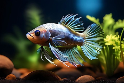Single betta fish swimming gracefully in a minimalist nano tank encircled by delicate aquatic