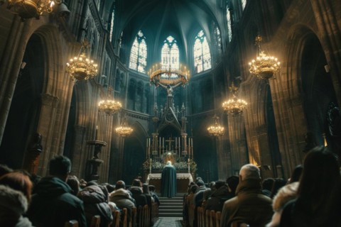 Pews full of Christian worshippers during a service in a historic Gothic church, a pastor preaches
