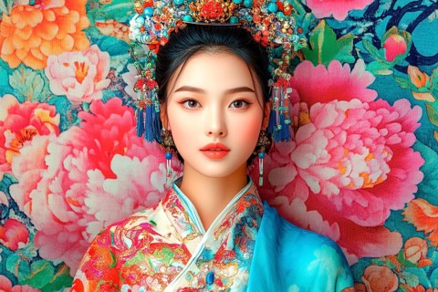 Beautiful Asian woman in front of a chimeric flower tapestry, AI generated
