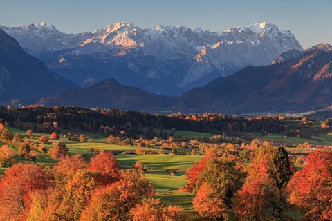 Pre-Alpine landscape with autumnal coloured trees in front of mountains, Riegsee, behind Zugspitze