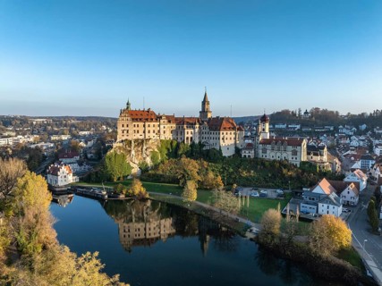 Aerial view of the town of Sigmaringen with the Hohenzollern Castle, a sight and tourist attraction