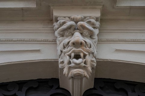 Grotesque above the entrance portal of the Knaufmuseum, Marktpl., Iphofen, Lower Franconia,