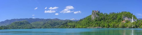 Panorama lake with castle and St Martina's Catholic Church, Bled, municipality of Bled, Slovenia,