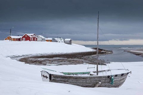 Old boat on the beach, houses, village, coast, sea, snow, winter, clouds, Kramvik, Varanger