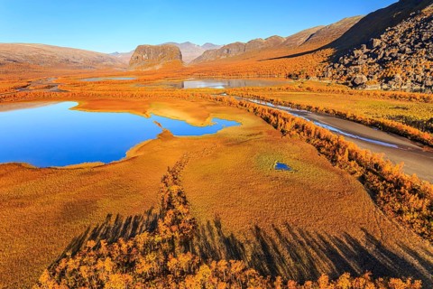 Lake, river, river delta, autumn colours, autumn, mountains, sunny, aerial view, Rapadalen, view of
