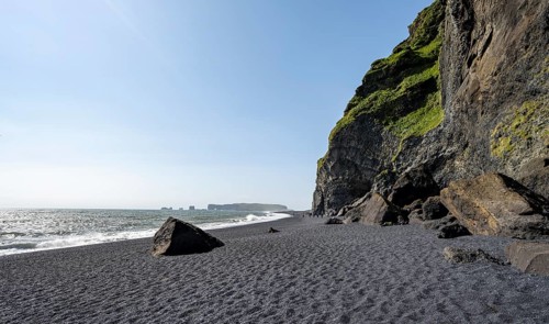 Black beach on the cliffs, Reynisfjara beach, Vik, South Iceland, Iceland, Europe