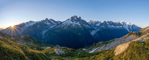 Panorama, morning atmosphere with sun star, Mountain landscape at sunrise, Mountain peak, Aiguille