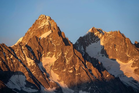 Rocky peaks at sunset, alpenglow, Aiguille de Chardonnet and Aiguille d'Argentière, Mont Blanc