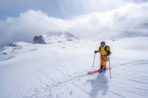 Ski tourers in a snowy mountain landscape, ascent to the Wildhorn, cloudy mood, high tour, Bernese
