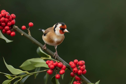 European goldfinch (Carduelis carduelis) adult bird on a Holly tree branch with red berries in the