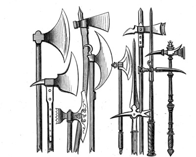 Various battle axes from the 11th century to the 16th century, illustration from 1880, historical,