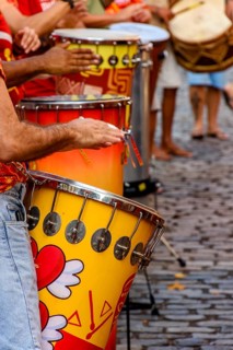 Colorful drums at the street carnival in the city of Recife, Pernambuco state, Recife, Pernambuco,