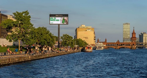 View from the Spree to the East Side Galery and the office complexes on Mühlenstraße, Berlin,