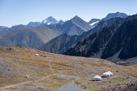 Yurts in the high valley, Keldike Valley on the way to the Ala Kul Pass, Tien Shan Mountains,