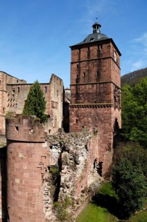 Heidelberg Castle, destroyed in 1689, prison tower in front, gate tower or clock tower on the right