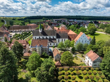 Aerial view of the village of Heiligkreuztal with the cathedral and the former Cistercian nunnery,