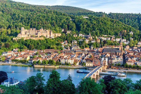 View of the Neckar River Castle and Old Bridge in Heidelberg, Germany, Europe