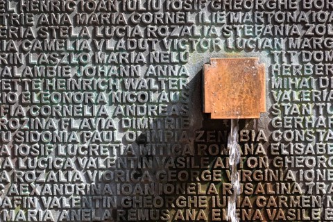 Banat, Timisoara, Timisoara, old town centre, names on a fountain, metal plate with names, Romania,