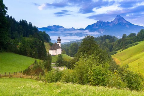 Maria Gern pilgrimage church, view of the Watzmann, in front of sunrise, Berchtesgarden Alps,