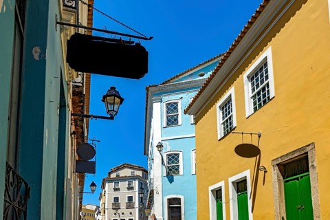 Old colonial style houses with bold colors in the historic Pelourinho neighborhood in the city of