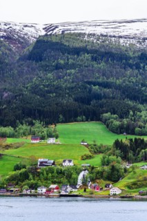Mountains and Fiord over Norwegian Village in Olden, Innvikfjorden, Norway, Europe