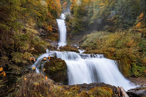 A picturesque autumn waterfall surrounded by colourful trees and lush nature, Giesbach Waterfalls,