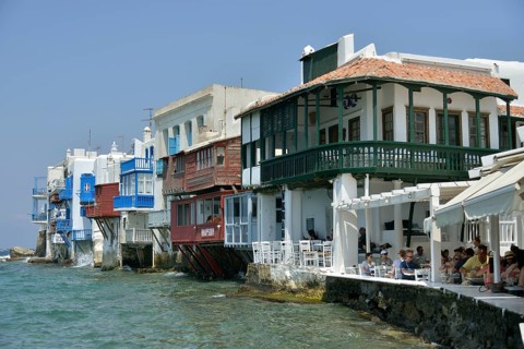 Former captain houses, Little Venice, Mykonos Town, Mykonos, Cyclades, Greece, Europe